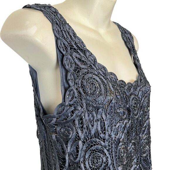 Soulmates Silk Whimsigoth Beaded Crochet Sleeveless Top Soutache Navy Satin sz S - Picture 4 of 16